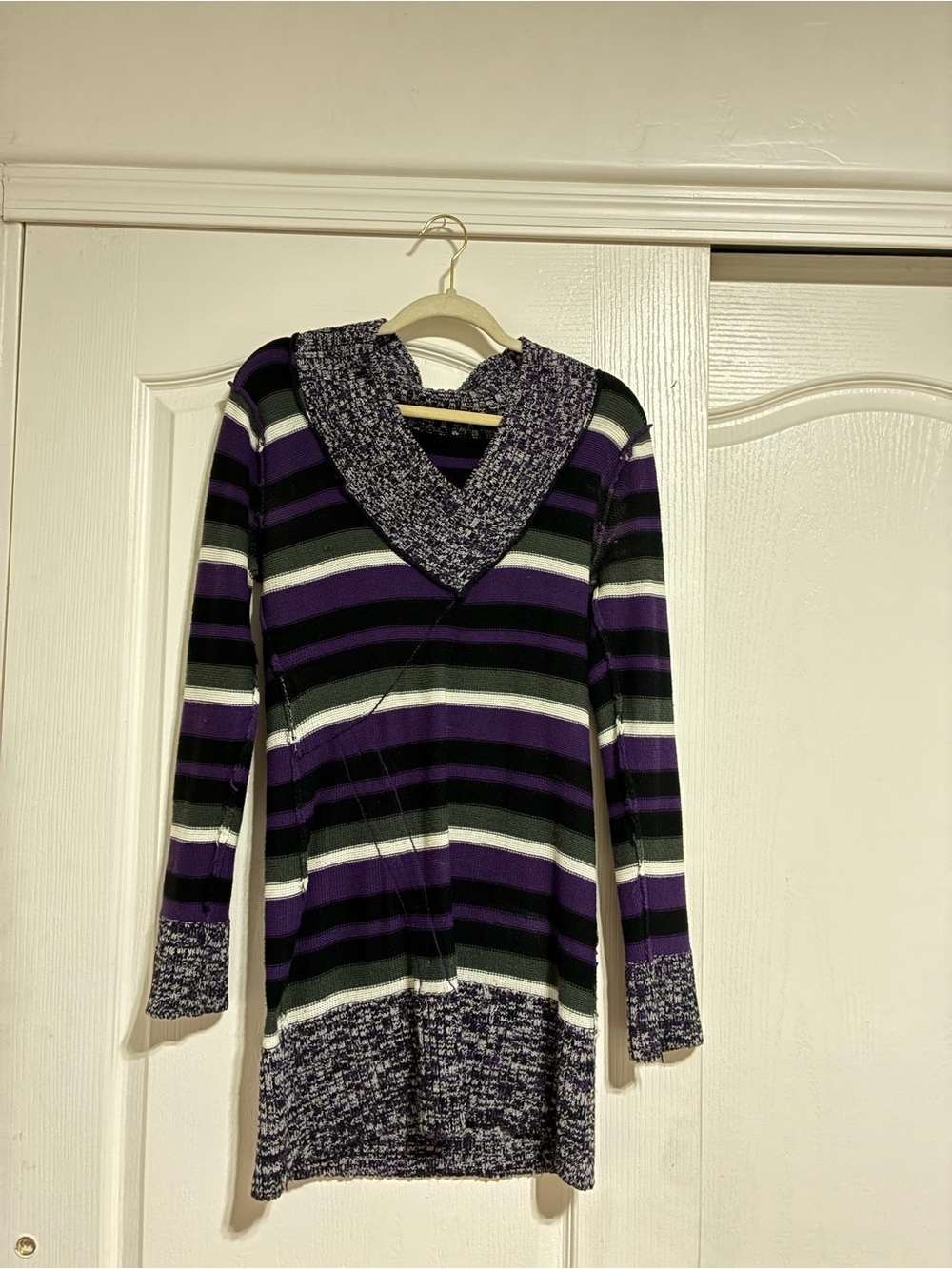 Striped V-Neck Tunic Dress in Purple, Black & White